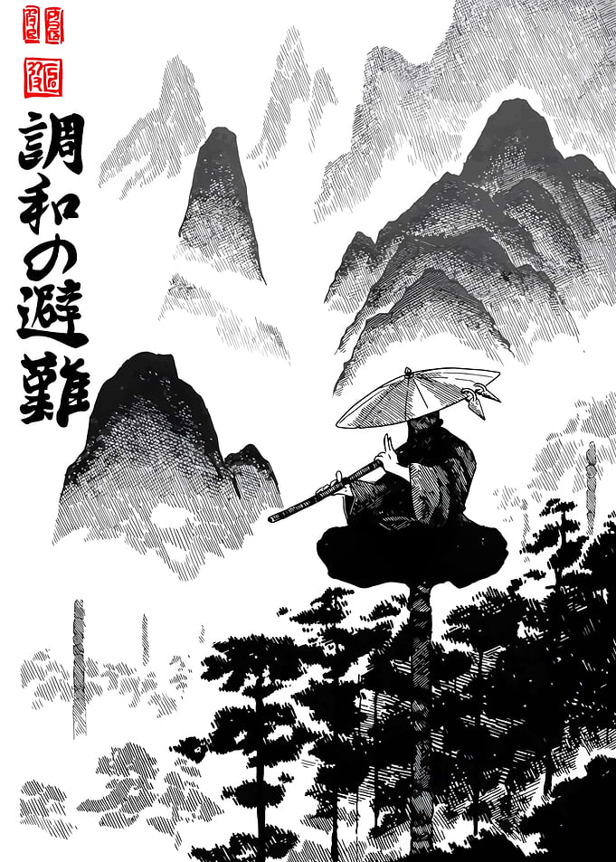 Monochrome Japanese Landscape with Musician