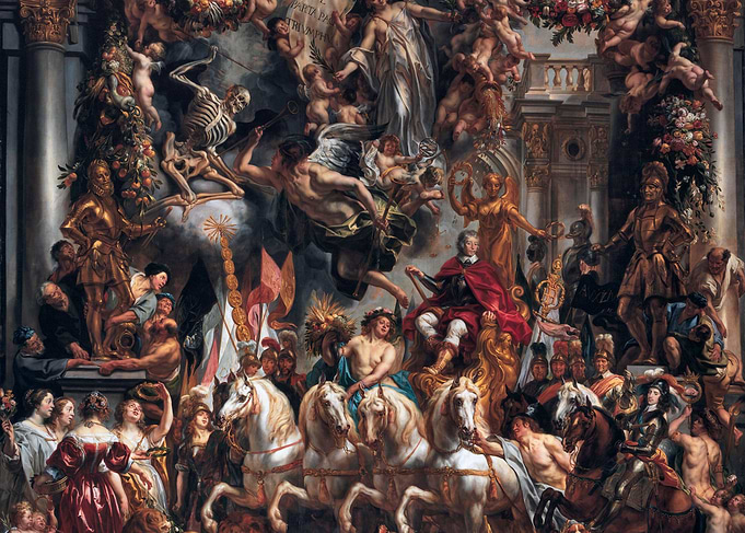 Allegorical Triumph Painting with Horses and Figures