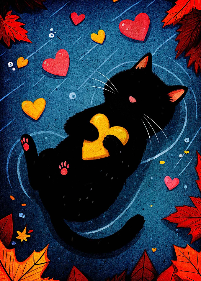 Black Cat with Heart in Autumn