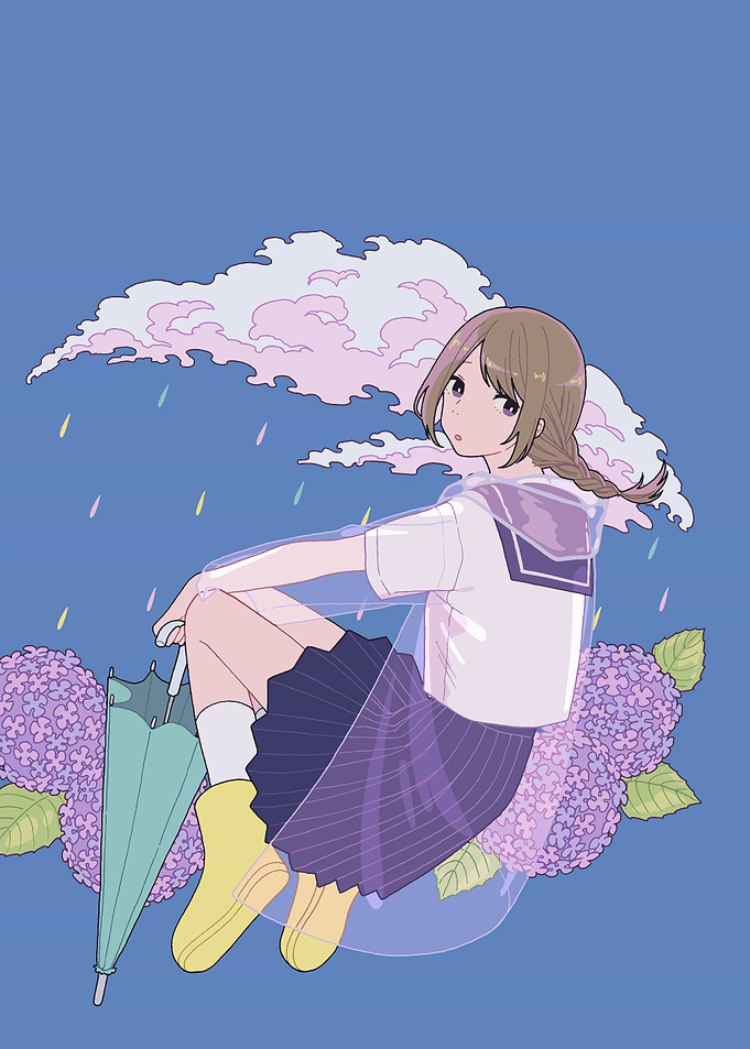 Anime Girl in Rain with Hydrangeas