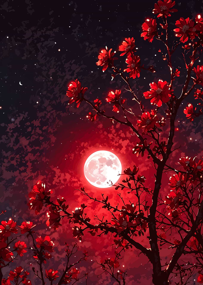 Red Flowers Under a Full Moon
