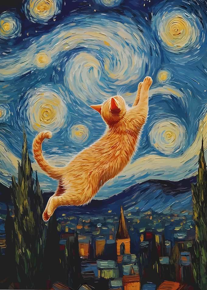 Cat in Starry Night Style Painting