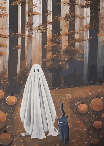 Ghost, Cat, and Pumpkins in Autumn Forest