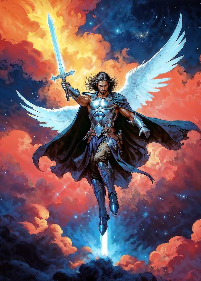 Winged Archangel Michael The Warrior with Sword in Clouds