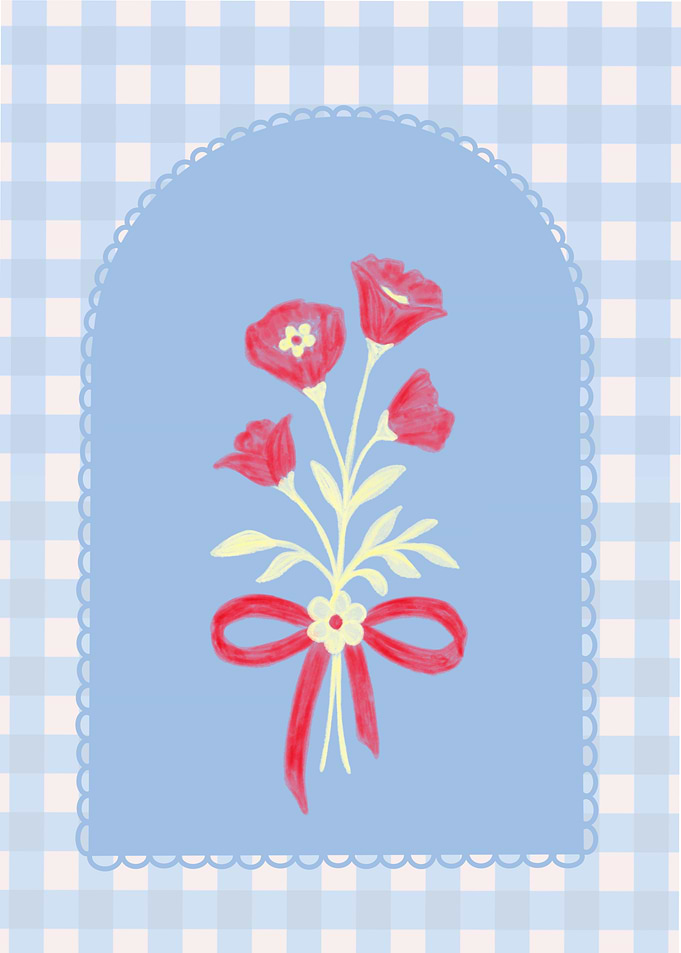 Vintage Floral Bouquet with Ribbon on Blue