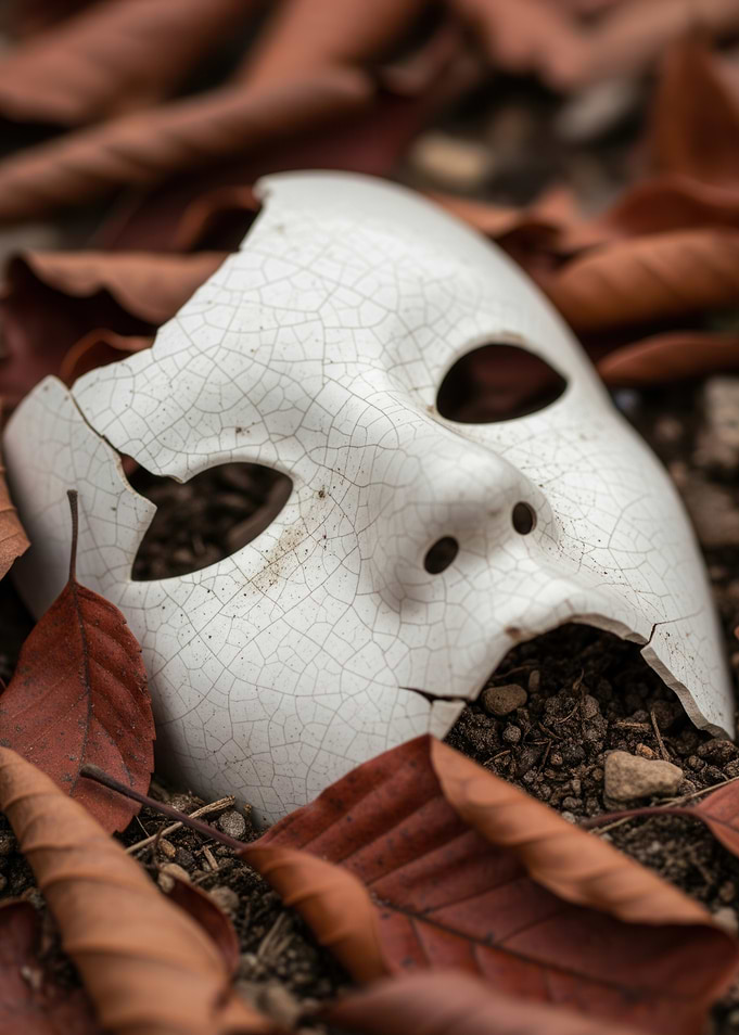 Cracked Mask in Autumn Leaves
