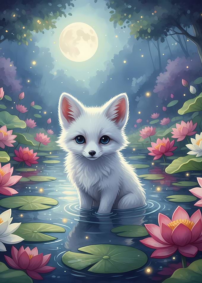 White Fox in Lily Pond