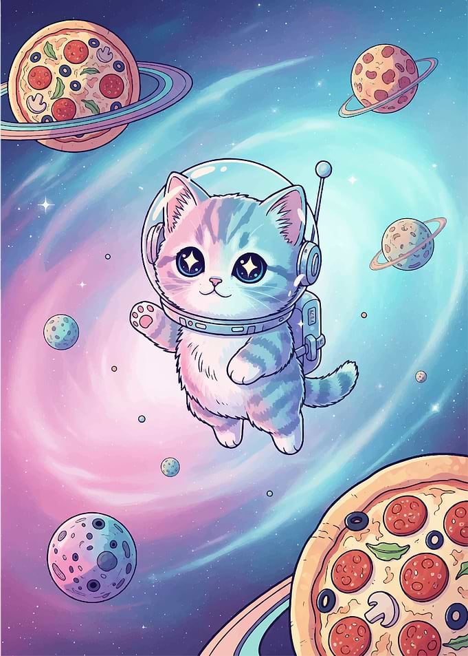 Astronaut Cat in Pizza Planet Galaxy