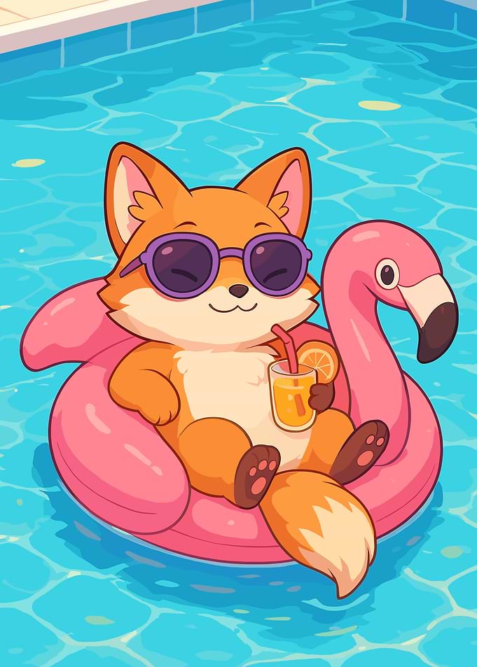 Fox Relaxing on Flamingo Float