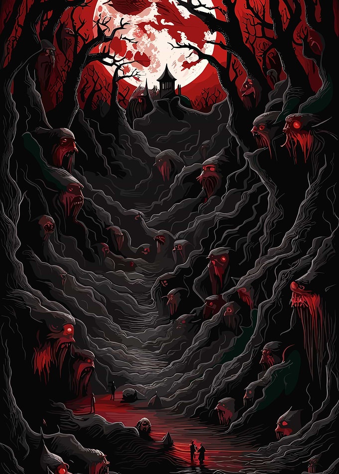 Horror Landscape with Red Moon and Demons