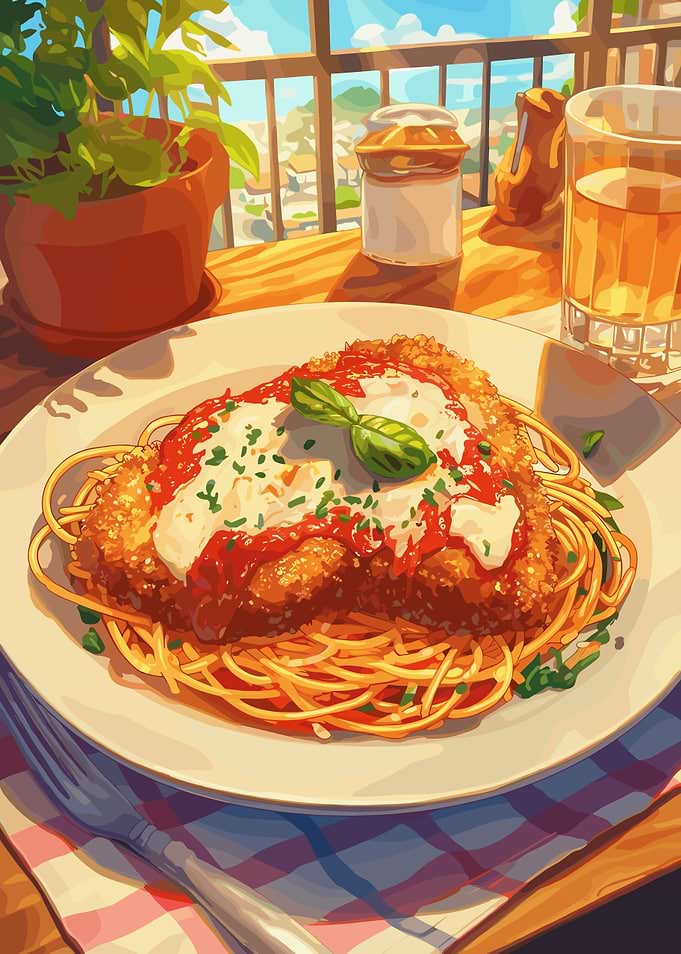 Chicken Parmesan with Spaghetti Illustration