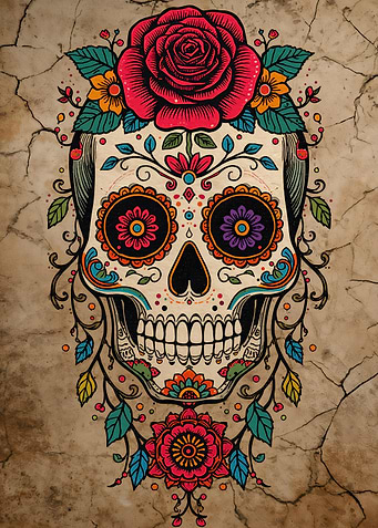 Colorful Sugar Skull with Floral Accents