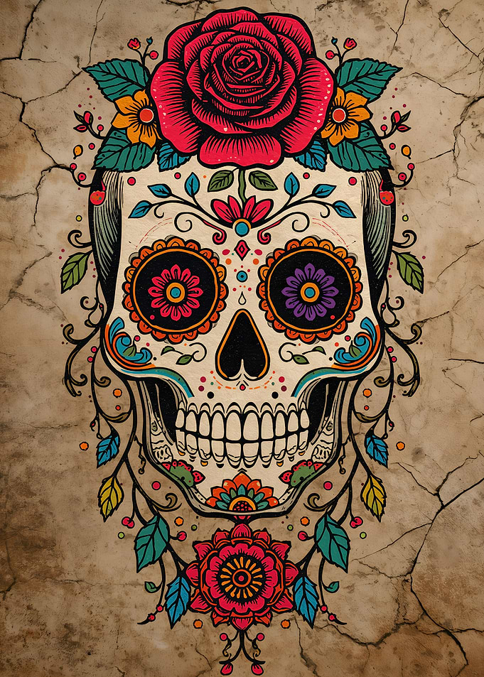 Colorful Sugar Skull with Floral Accents