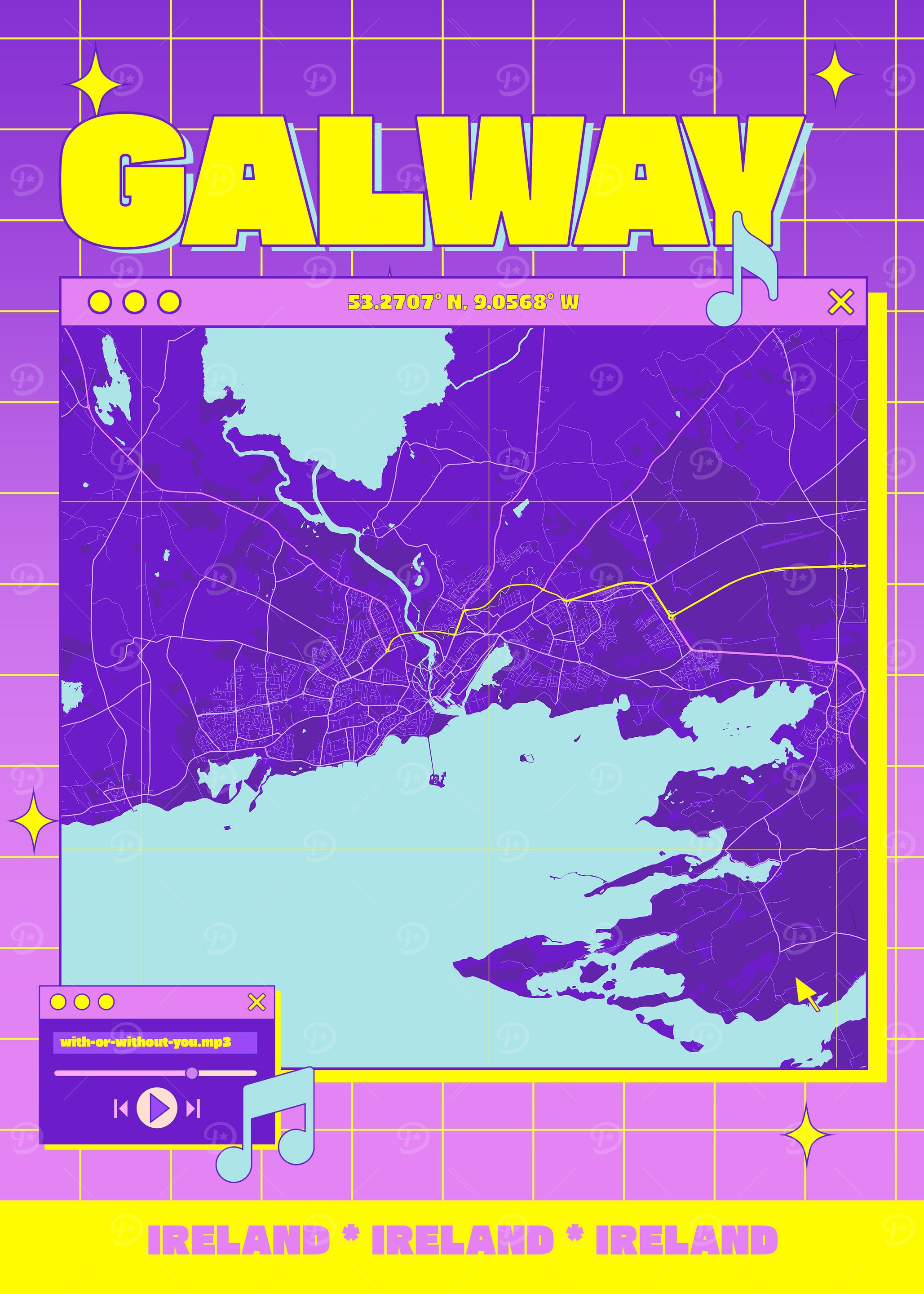 Galway Ireland Retro Map Poster