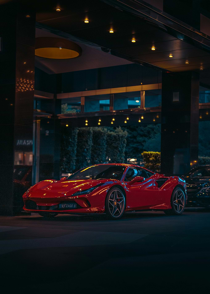 Red Ferrari F8 Tributo at Night