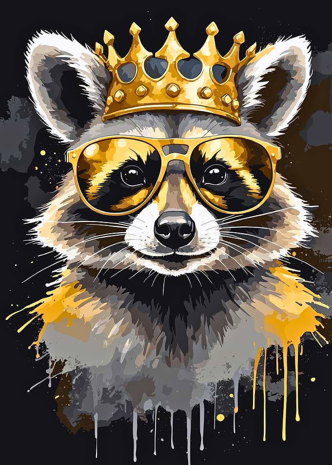 Raccoon King with Crown and Glasses