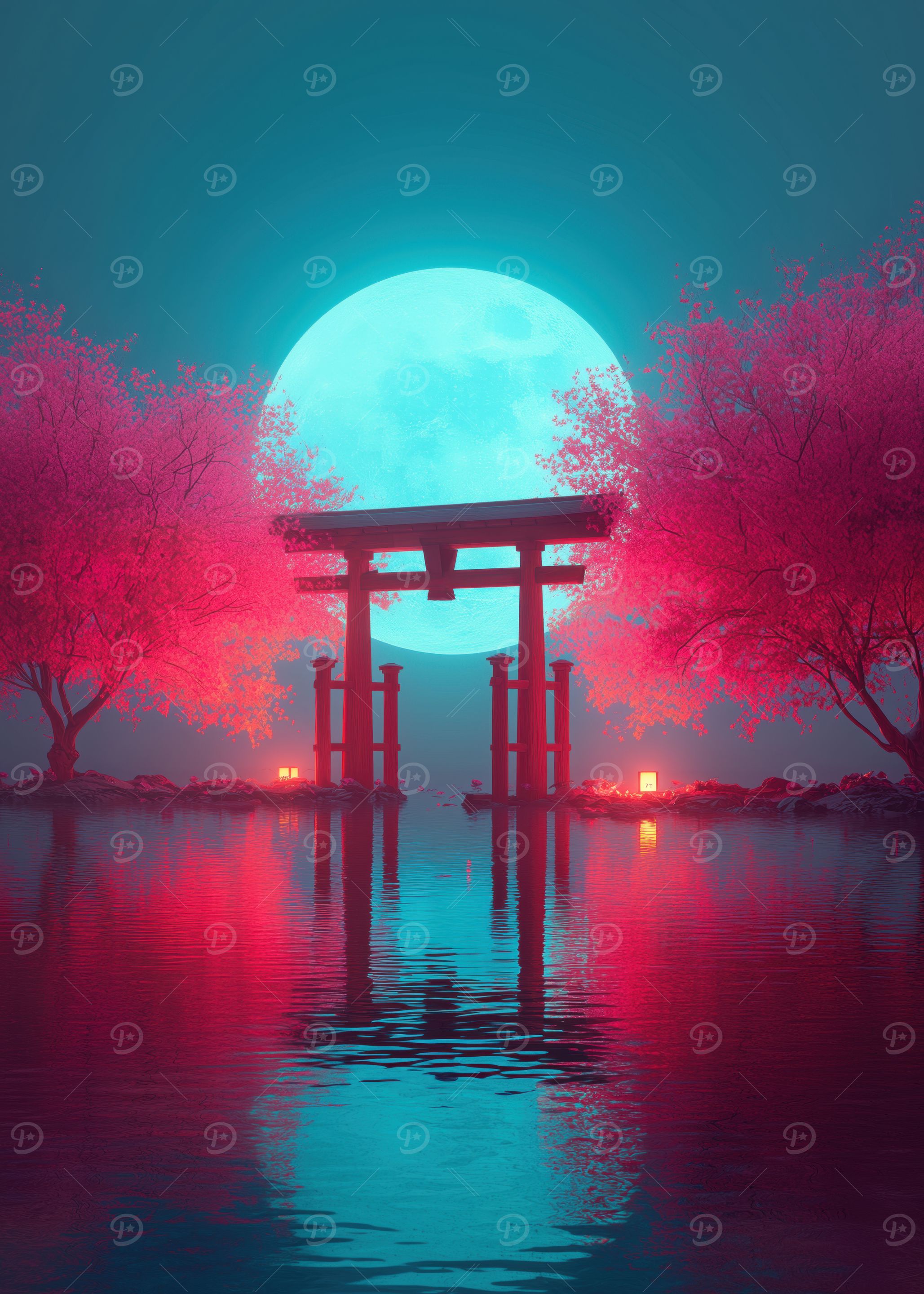 Japanese Torii Gate with Moon Reflection