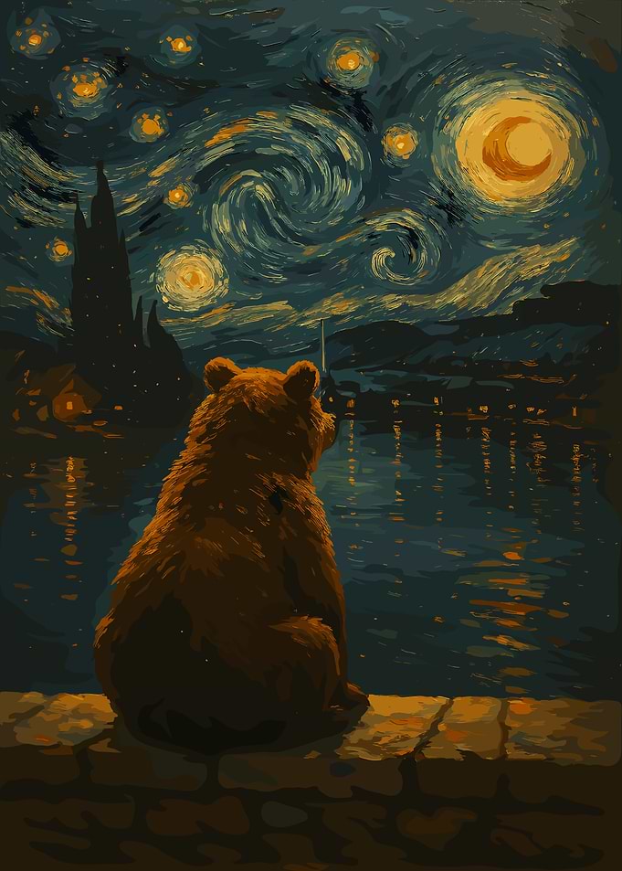 Bear Gazing at Starry Night Painting