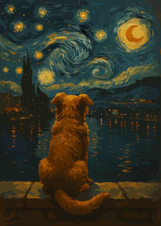 Dog Starry Night Painting