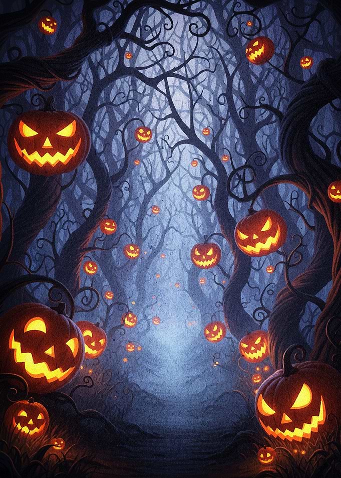 Halloween Forest with Glowing Pumpkins