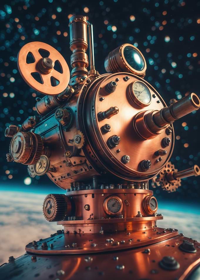 Steampunk Copper Telescope — Vintage Mechanical Engine in Orbit