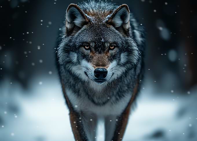 Wolf in Winter Snowfall Portrait