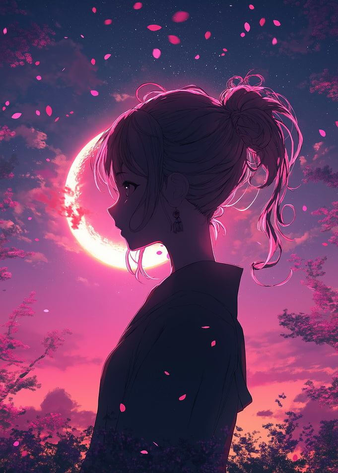 A mysterious anime girl silhouette with glowing pink petals