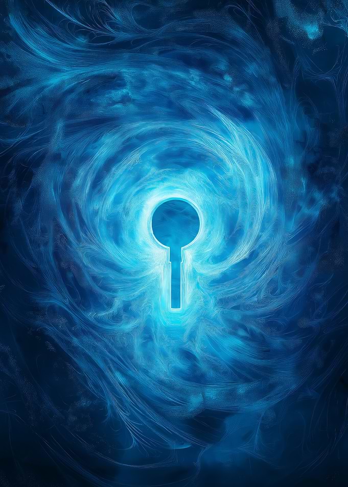 A glowing keyhole floating in midair surrounded by light