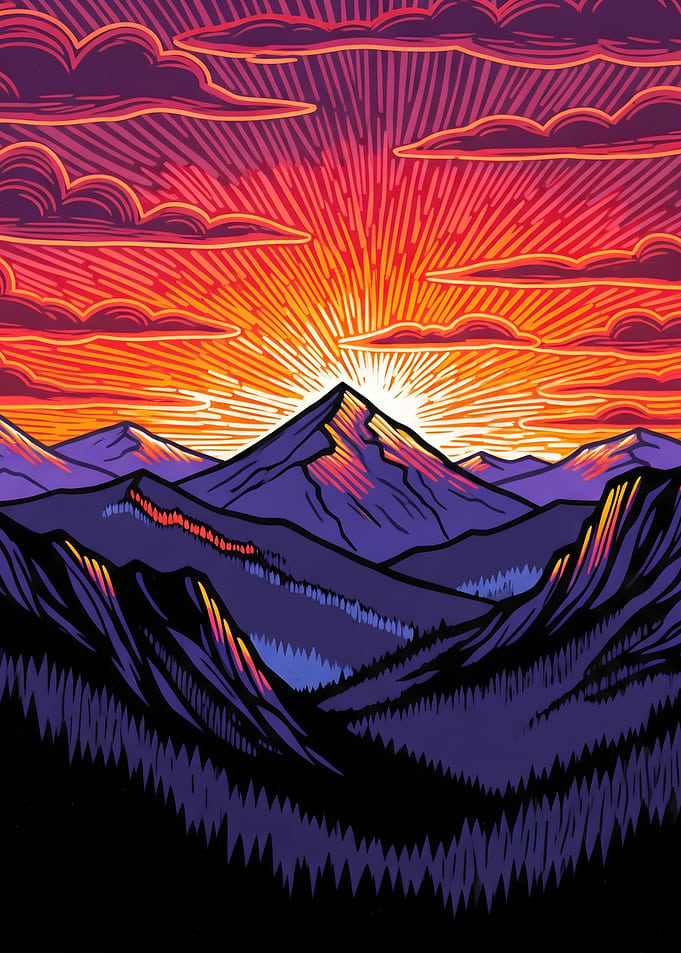 Mountain Sunset Lino Illustration