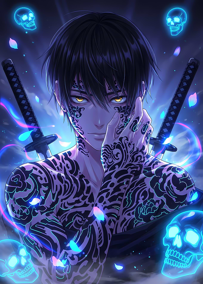 Tattooed Warrior with Swords and Skulls