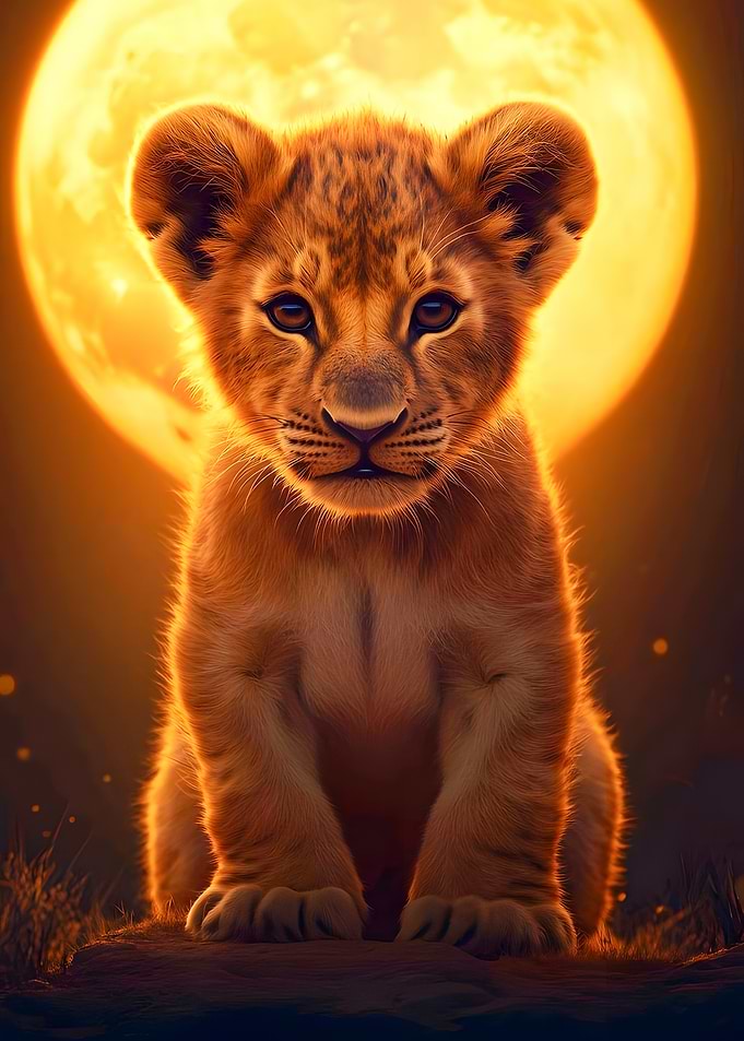 Lion Cub Portrait with Moon Backdrop