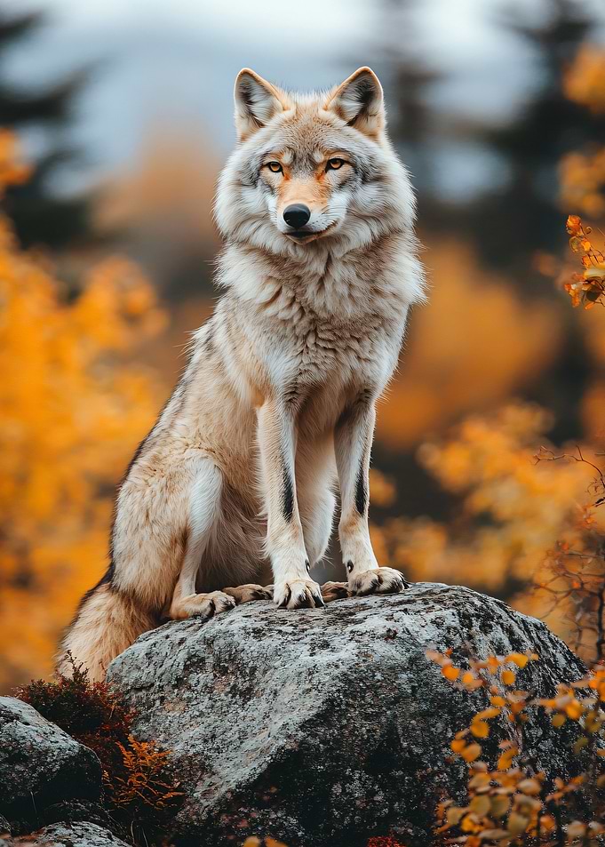 Wolf Portrait on Rock in Autumn