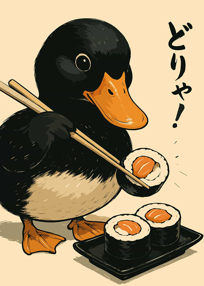 Duck eating sushi with chopsticks