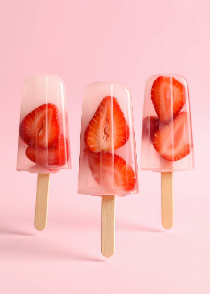 Strawberry Popsicles on Pink Background