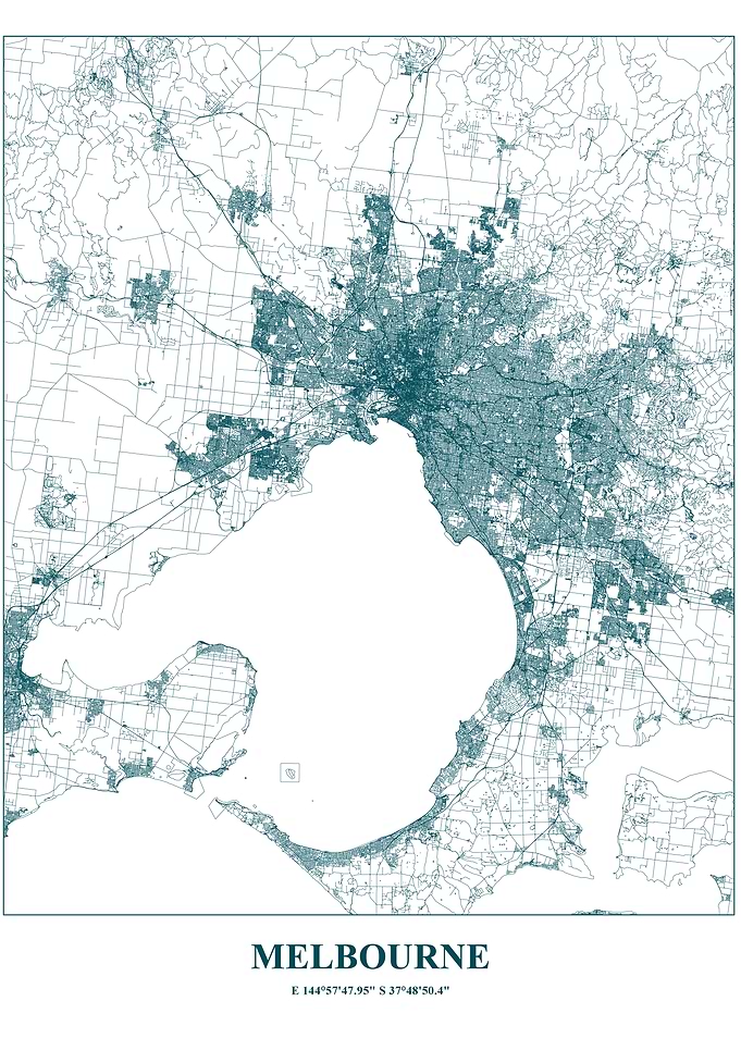 Melbourne City Map Teal on White