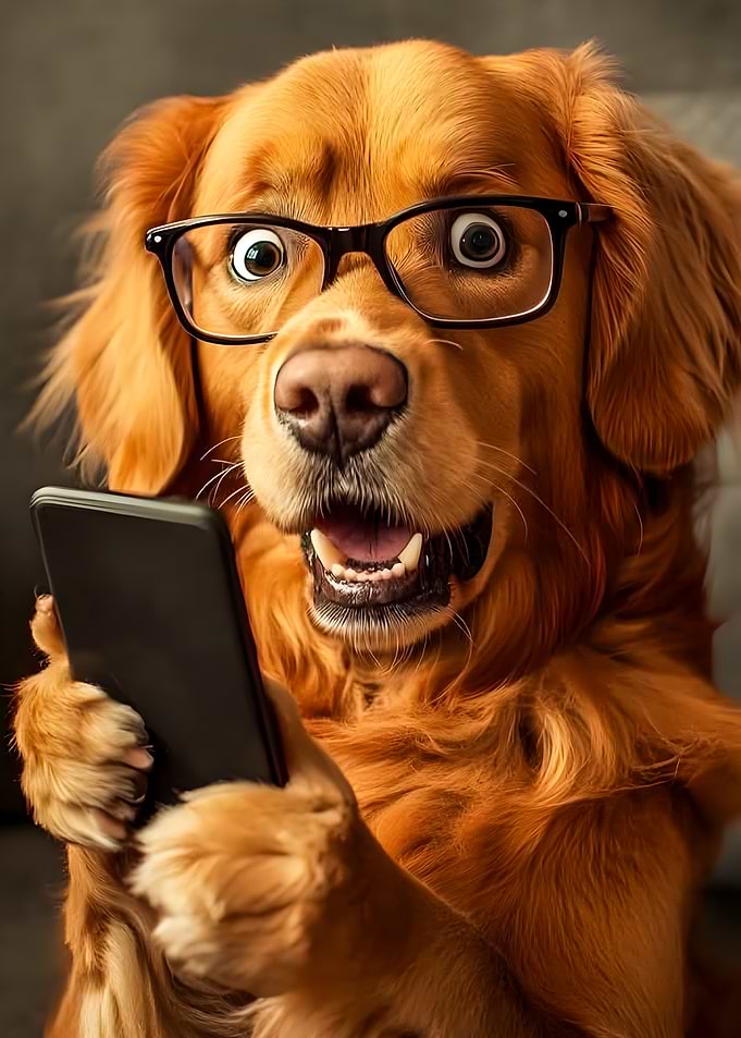 Golden Retriever Dog surprised Using Smartphone