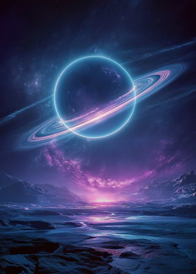 Ringed Planet Over Alien Landscape