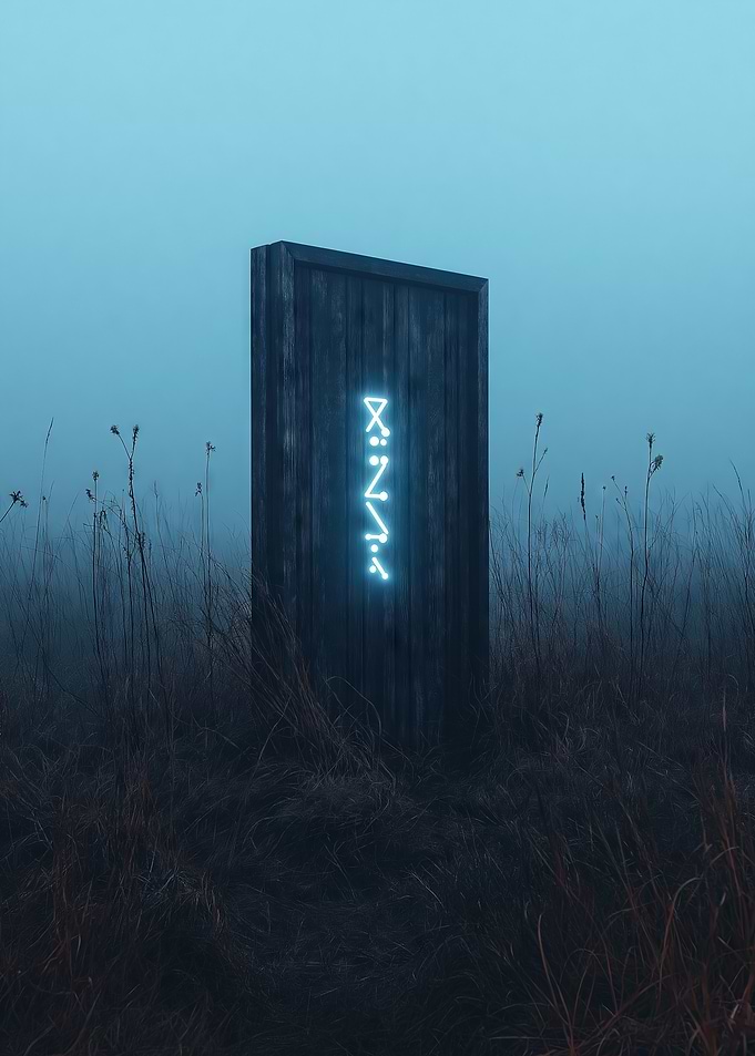 A mysterious glowing door in a foggy field
