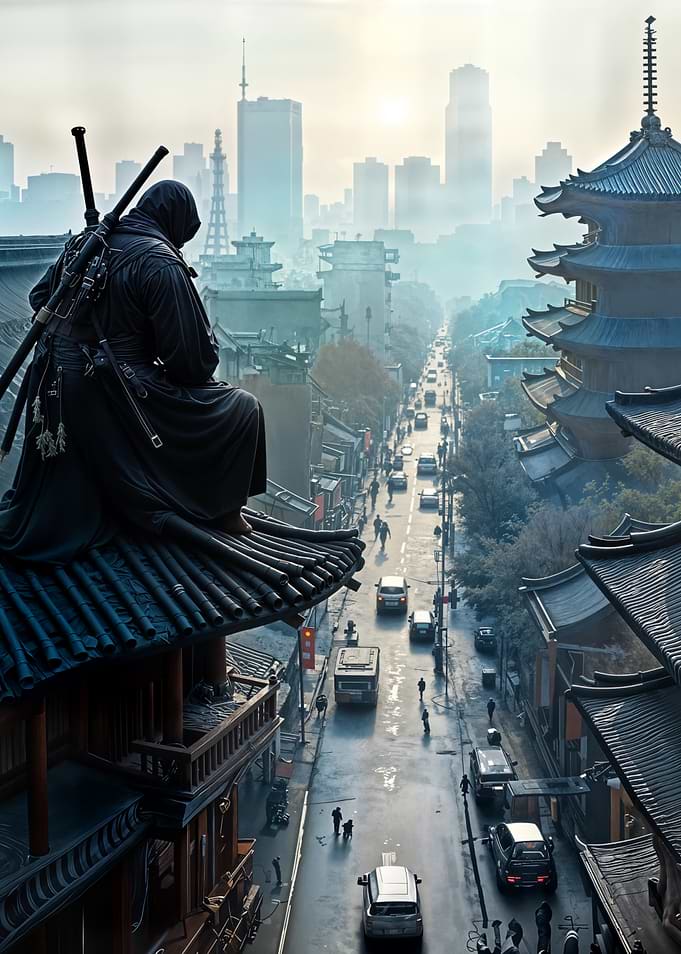 Ninja Overlooking Cityscape