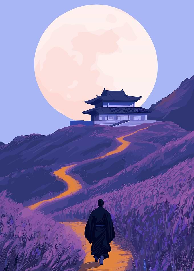 Japanese Temple Under the Moon