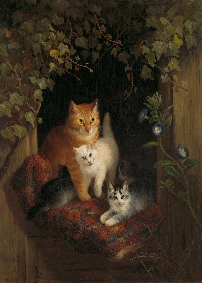 Cats and Kittens in Window Painting