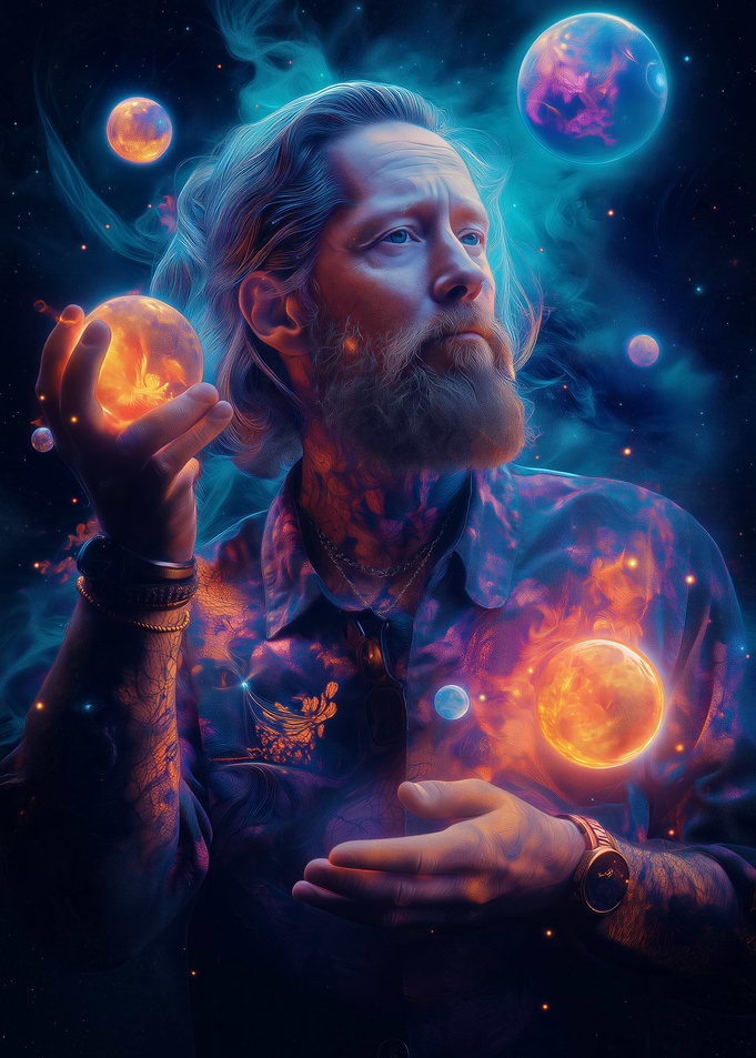 A surreal portrait of a man holding cosmic glowing planets