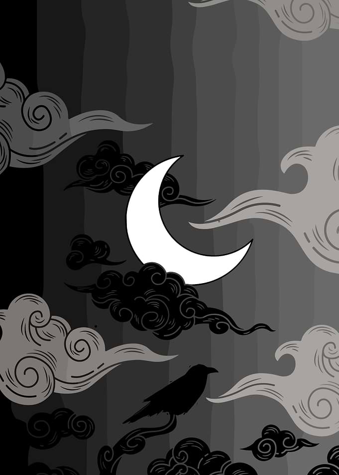 Crescent Moon and Raven in Night