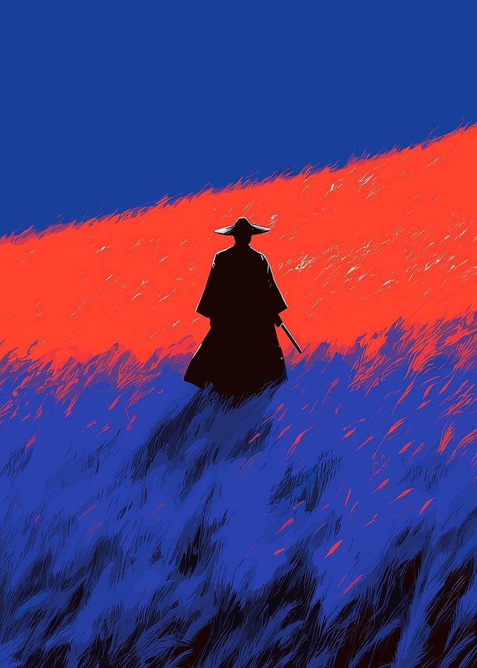 Samurai Silhouette in Red and Blue