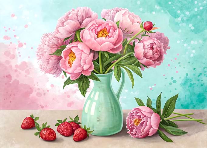 Pink Peonies Bouquet with Fresh Strawberries Elegant Floral