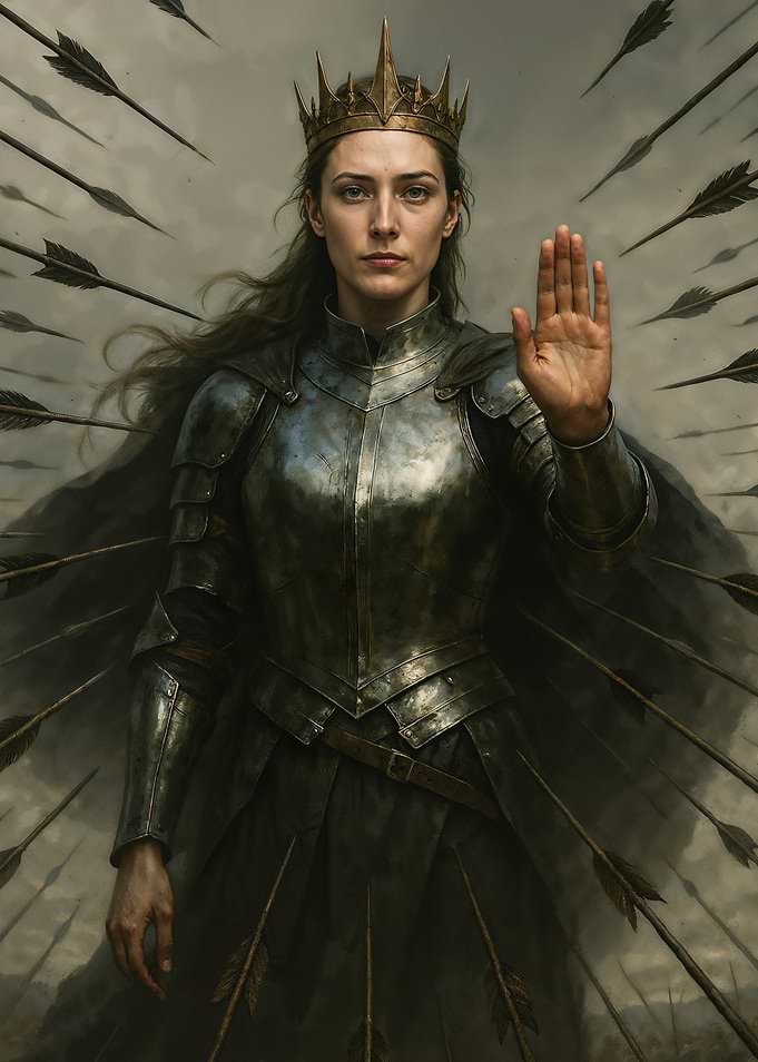 Armored Queen Amidst Arrows