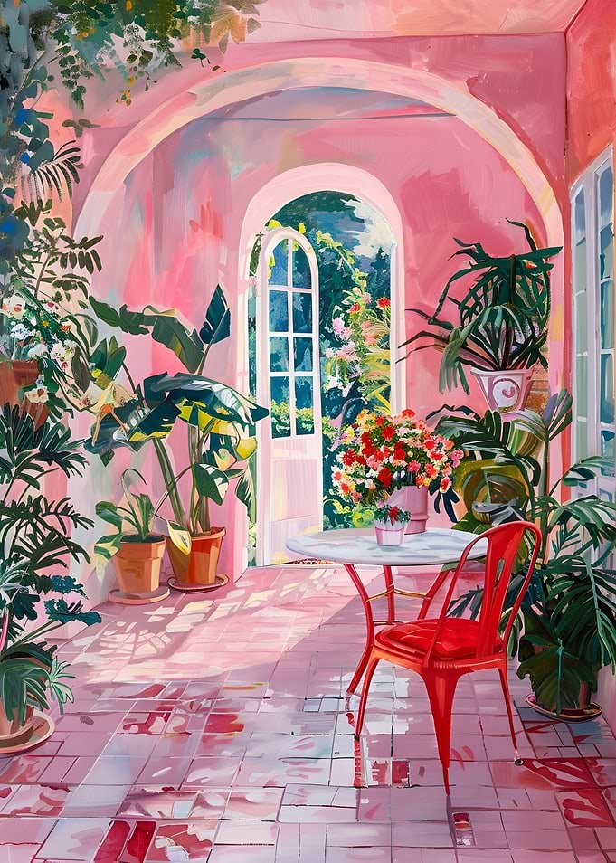 Pink Courtyard with Plants and Table
