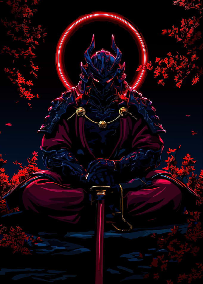 Dark Samurai with Red Neon Halo