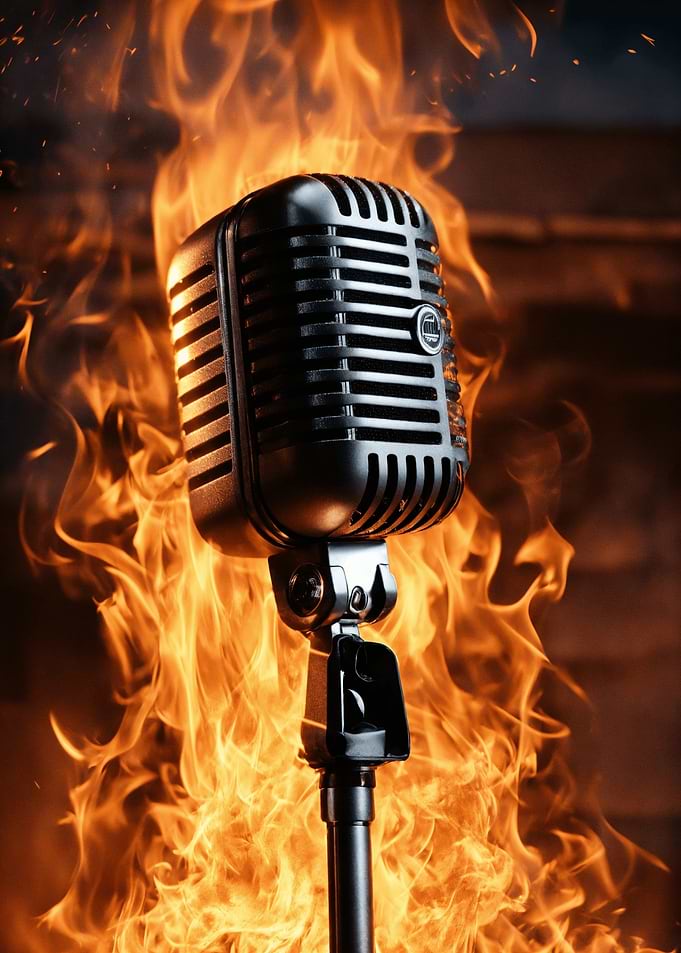 Microphone engulfed in flames