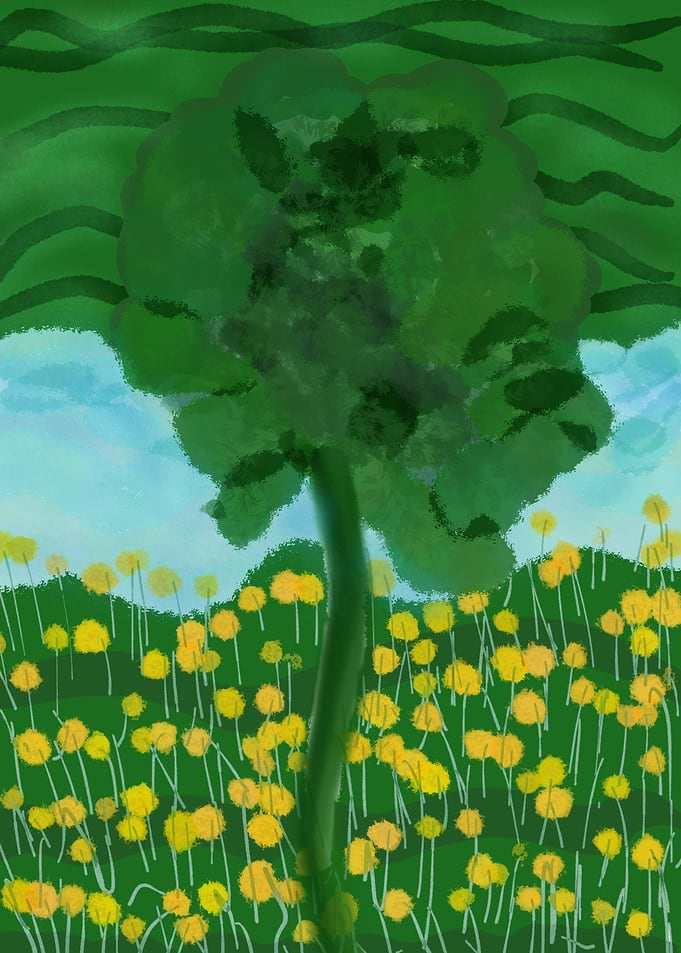 Green Tree and Yellow Flowers Landscape